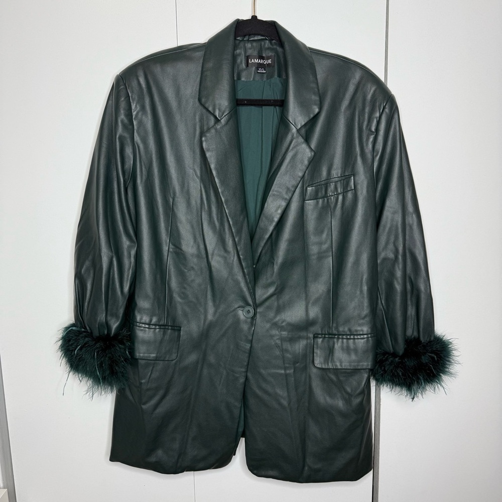 Lamarque Galia Blazer Dress Jacket Feather Trim Dark Jade XS/S - Picture 2 of 10